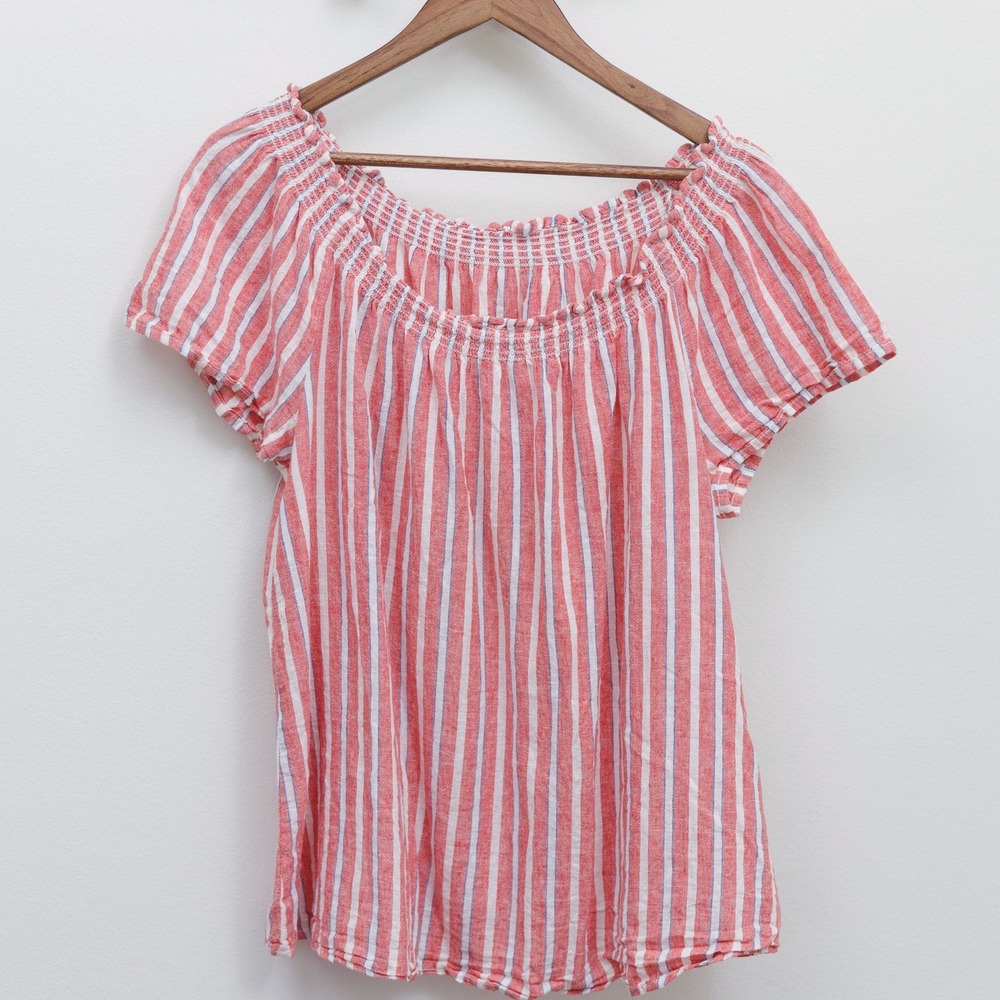 Red White Striped Linen Blend Smocked Neck Short Sleeve Top Women Large